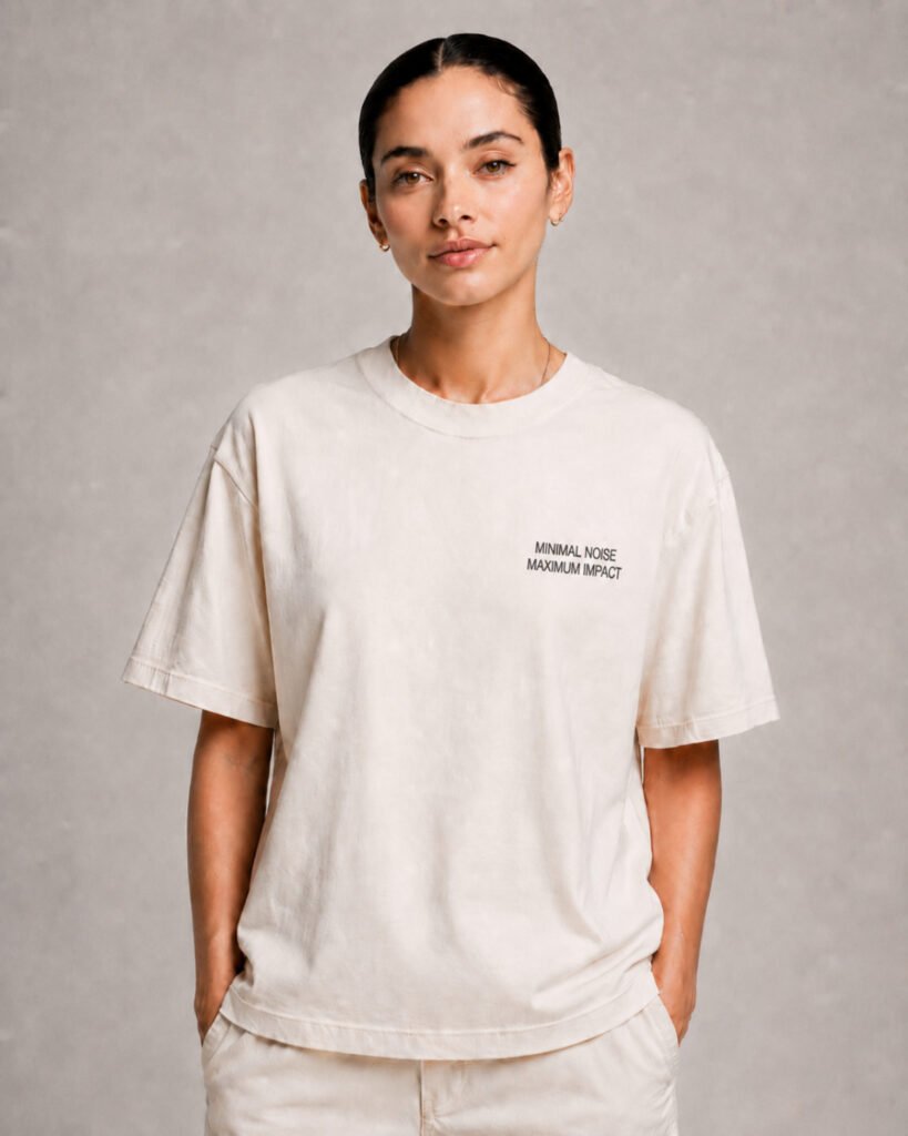 Model wearing a Natural Raw oversized Kat Krush T-shirt with small “Minimal Noise Maximum Impact” chest print, styled with light trousers against a clean grey studio background.