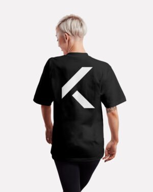 Black oversized t-shirt with white Kat Krush KK logo printed on the back