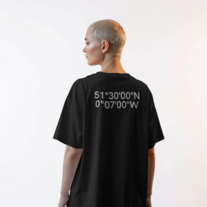 Oversized black streetwear t-shirt with London coordinates back print 51°30'00"N 0°07'00"W – minimalist Kat Krush design