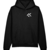 Oversized black organic hoodie with minimal KK chest logo detail