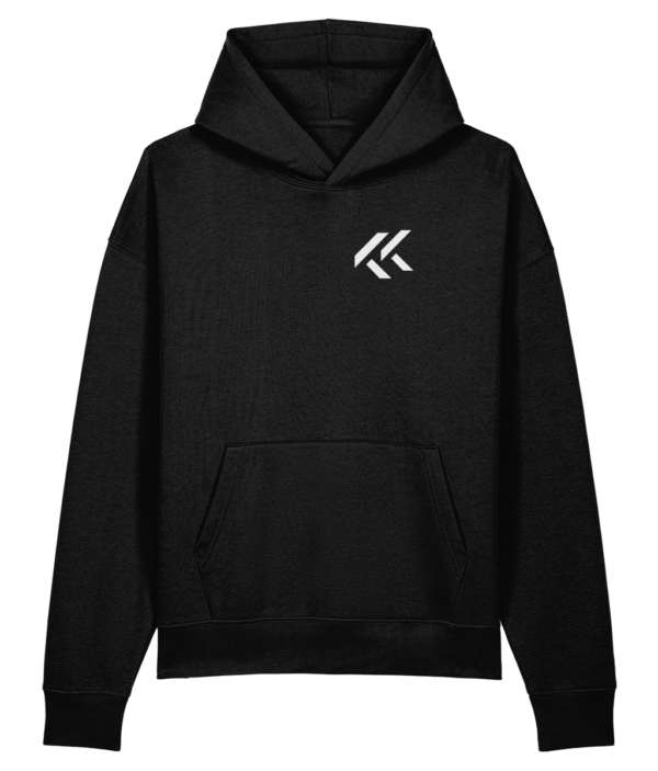 Oversized black organic hoodie with minimal KK chest logo detail