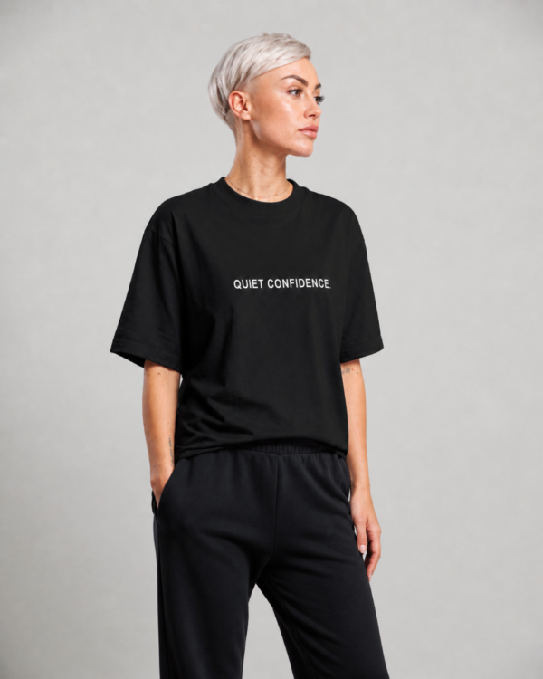 kk-TeeConfidence-Black-right-face Black Tee fabric detail premium cotton casual oversized fit streetwear