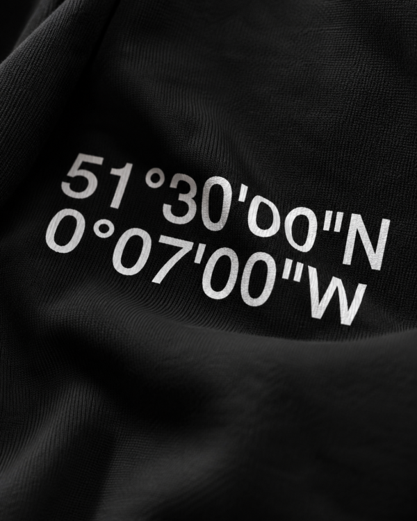 Close-up macro shot of a black heavyweight hoodie featuring white London coordinates print. Detailed fabric texture, visible knit structure, and soft folds highlight the premium material quality and clean high-contrast print finish.