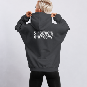 Coordinates collection 2 Back shot of India ink grey oversized hoodie with London coordinates back print. Clean oversized silhouette with dropped shoulders and minimal streetwear styling.