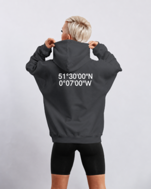 Back shot of India ink grey oversized hoodie with London coordinates back print. Clean oversized silhouette with dropped shoulders and minimal streetwear styling.