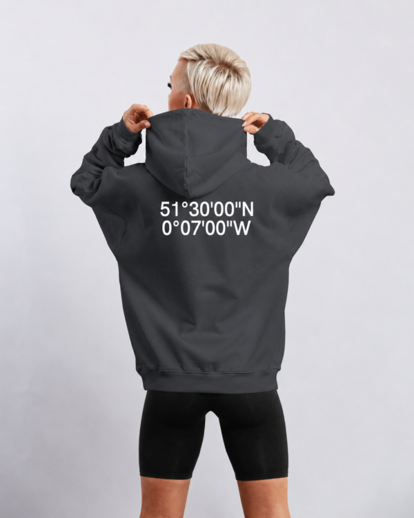 kk-hoodie-london-india-ink-grey-back Back shot of India ink grey oversized hoodie with London coordinates back print. Clean oversized silhouette with dropped shoulders and minimal streetwear styling.