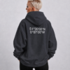 kk-hoodie-london-india-ink-grey-back-casual Waist-up fit shot of India ink grey oversized hoodie with London coordinates back print. Clean oversized silhouette with dropped shoulders and minimal streetwear styling.