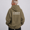 kk-hoodie-london-khaki-body Waist-up fit shot of Khaki oversized hoodie with London coordinates back print. Relaxed oversized silhouette with dropped shoulders and clean minimal streetwear styling.