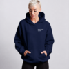Front view of oversized french navy minimalist hoodie with subtle chest typography print, relaxed fit, kangaroo pocket, and premium heavyweight fabric styled in a clean studio setting.
