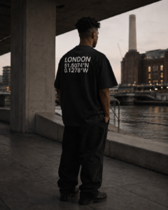 Black oversized London Coordinates t-shirt photographed beside the River Thames in a modern concrete architectural setting, reflecting a minimal streetwear aesthetic