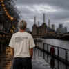 kk-tee-minimal-noise-max-impact-back-print-natural-raw-battersea Model standing on a riverside walkway near Battersea Power Station wearing a natural raw oversized T-shirt with “MINIMAL NOISE MAXIMUM IMPACT” back print. Wet pavement, city lights and overcast London skies create a calm urban editorial atmosphere.