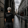 Black oversized streetwear t-shirt with “MINIMAL NOISE MAXIMUM IMPACT” back print in rainy London city scene near Savile Row and Big Ben