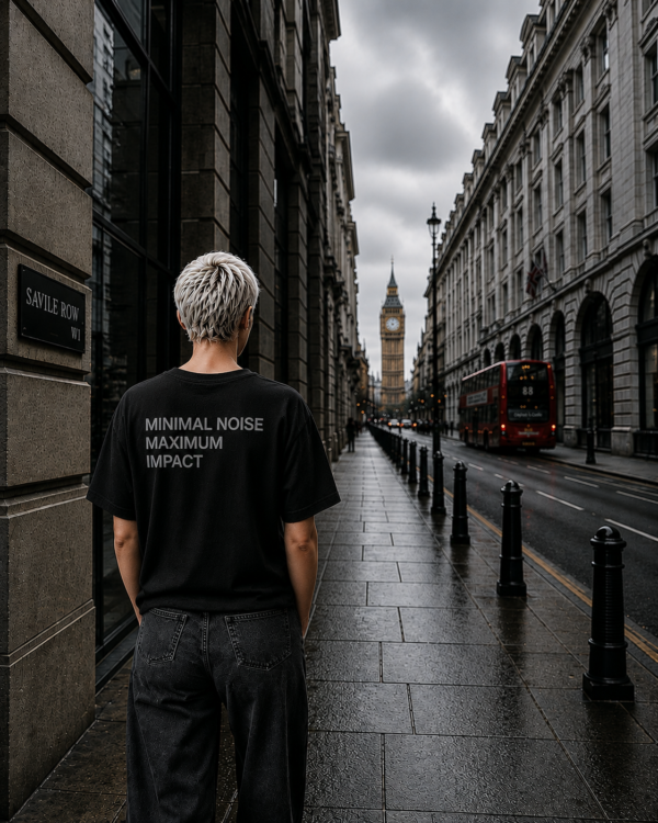 Black oversized streetwear t-shirt with “MINIMAL NOISE MAXIMUM IMPACT” back print in rainy London city scene near Savile Row and Big Ben