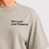 Close-up detail of the “Not Loud Just Powerful” chest print on a stone Kat Krush oversized T-shirt, showcasing the clean typography and premium cotton fabric.