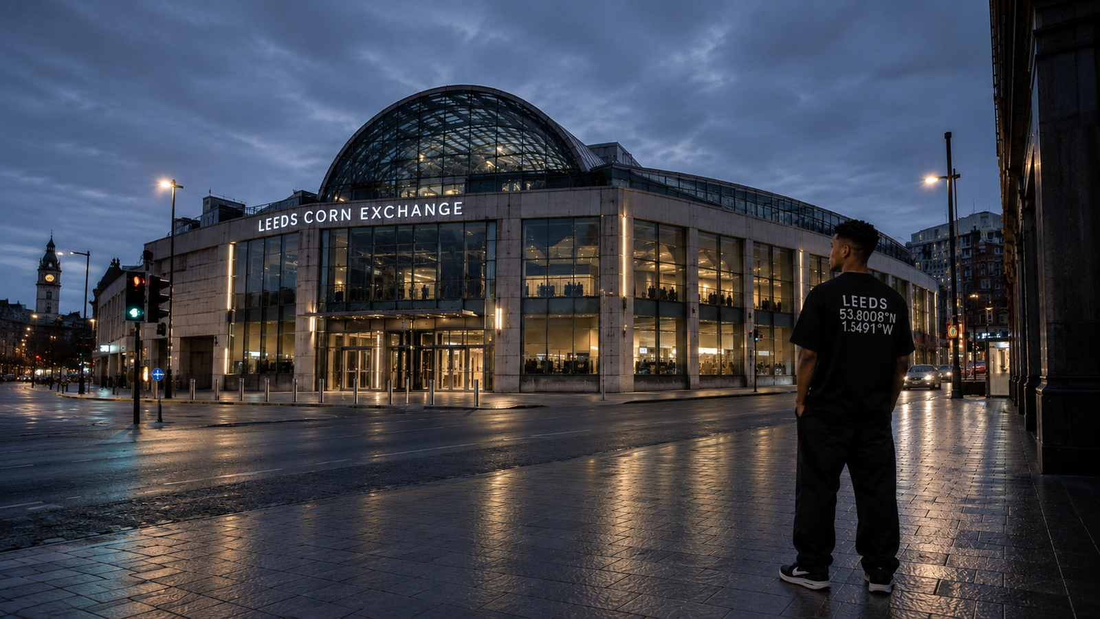 Male model wearing a black Kat Krush Leeds Coordinates oversized T-shirt stands in a relaxed pose outside Leeds Corn Exchange at twilight, with muted slate grey skies, contemporary architecture and understated city lighting creating a Quiet Confidence aesthetic.