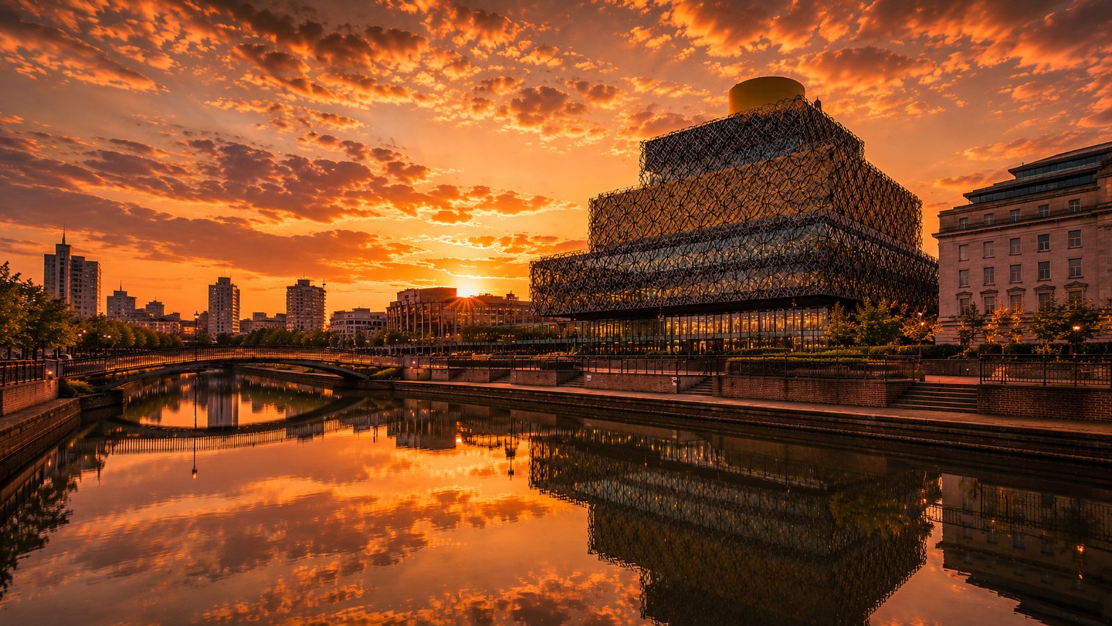 Wide view of the Library of Birmingham at golden hour, overlooking calm canal reflections beneath a dramatic amber and orange sunset sky. The library's distinctive geometric façade glows in warm evening light, mirrored across the still water alongside elegant bridges and surrounding architecture. A cinematic cityscape with rich golden tones, architectural detail and a refined editorial atmosphere that embodies the Kat Krush Quiet Confidence aesthetic.