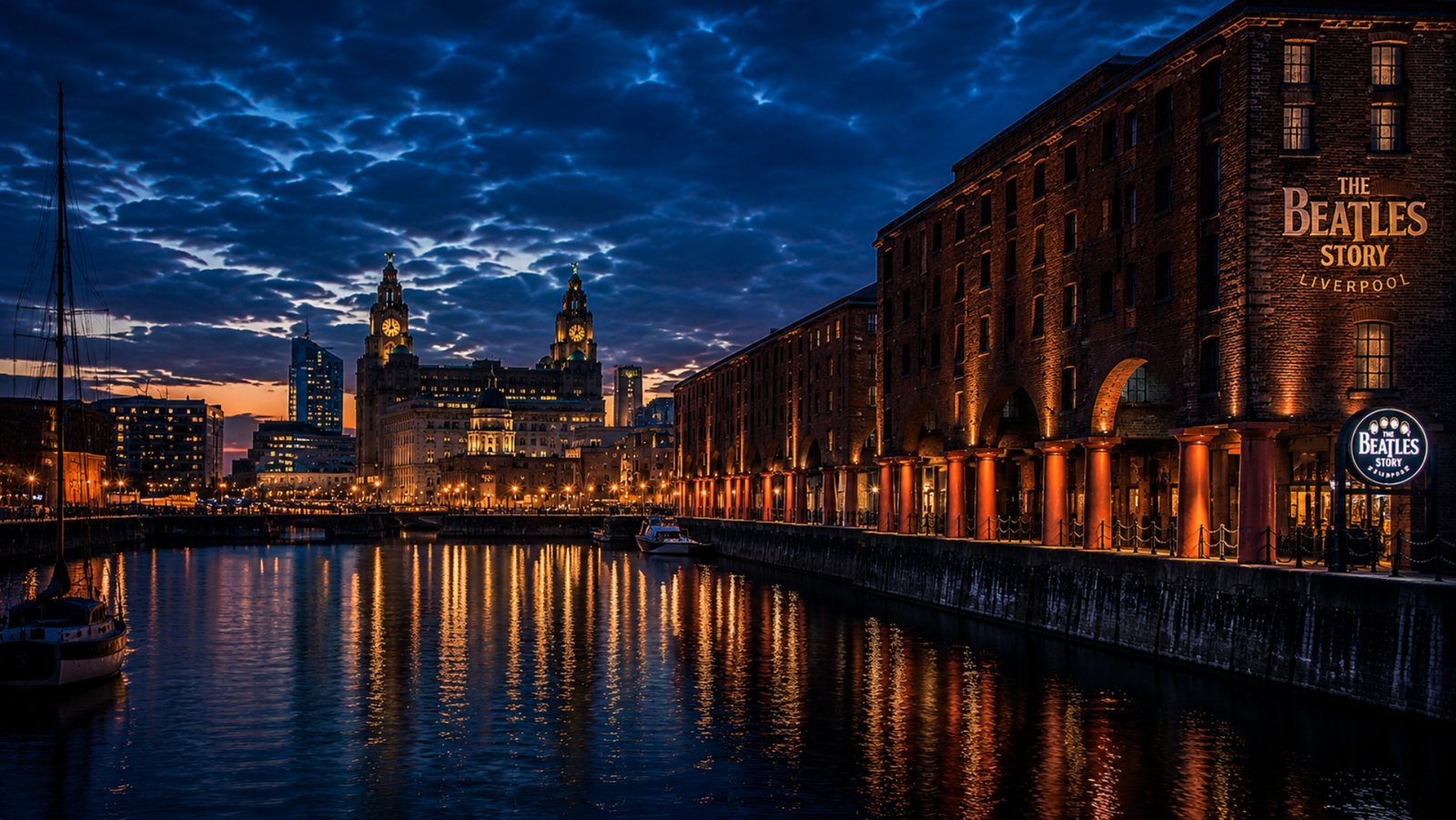 Wide editorial view of Liverpool's Royal Albert Dock at blue hour, featuring historic red brick warehouses, waterfront reflections and the illuminated Royal Liver Building in the distance. Deep navy and cobalt skies contrast with warm dockside lighting, while calm water mirrors the city's architecture, creating a refined waterfront atmosphere inspired by Liverpool's rich maritime and musical heritage in the Kat Krush Quiet Confidence aesthetic.