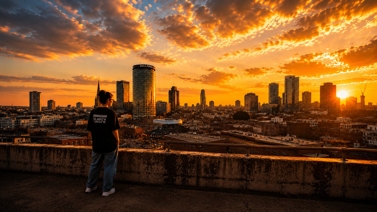 Male model wearing a black Kat Krush Birmingham Coordinates T-shirt stands on a rooftop at sunset overlooking the Birmingham skyline. The back print displays Birmingham coordinates as warm golden light reflects across the rooftop, creating a minimal streetwear editorial aesthetic.