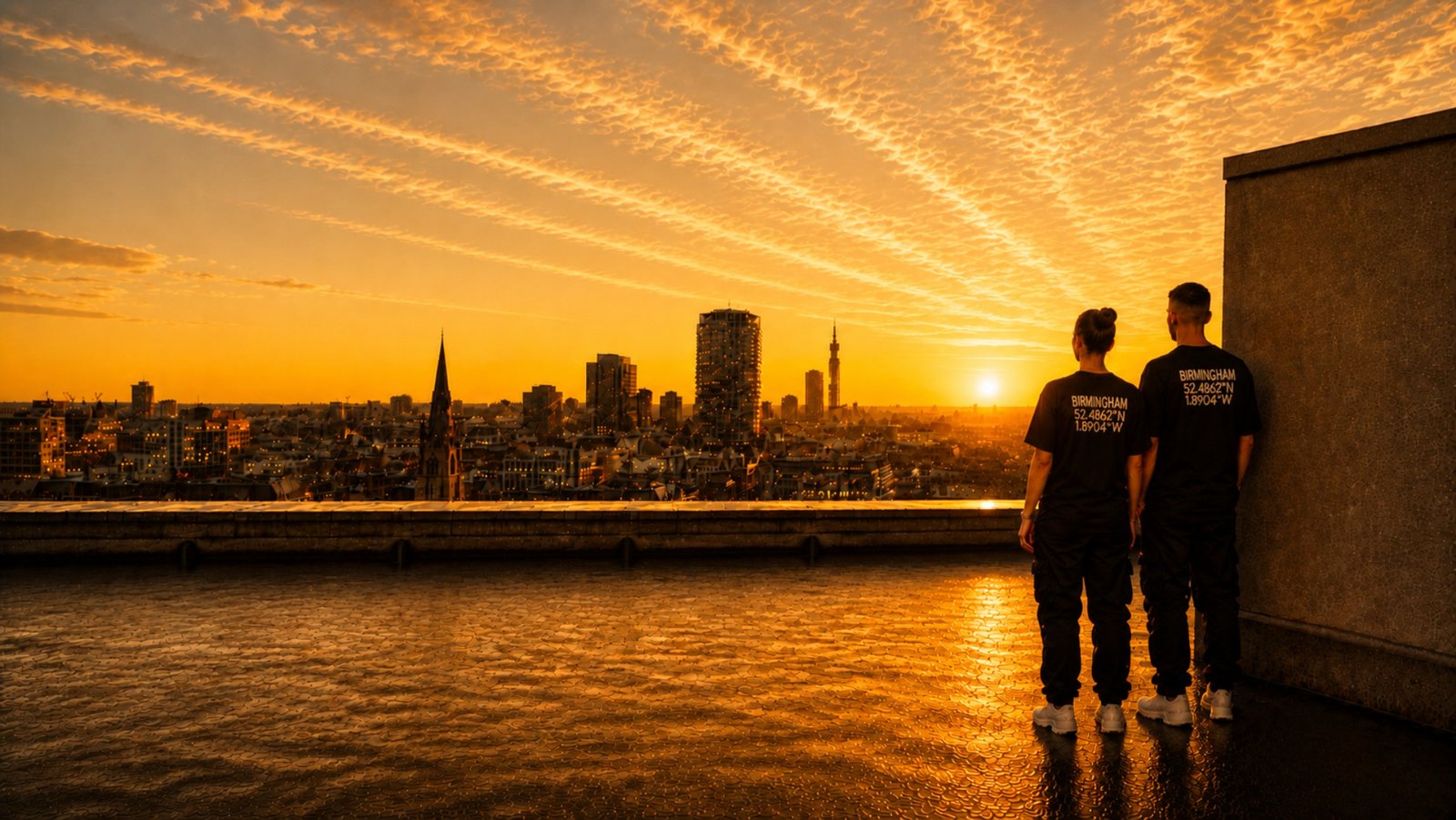 Male and female models wearing matching black Kat Krush Birmingham Coordinates T-shirts stand side by side on a rooftop overlooking Birmingham at sunset. The coordinate back prints are visible against a dramatic orange sky, capturing a calm, architectural streetwear lookbook aesthetic.
