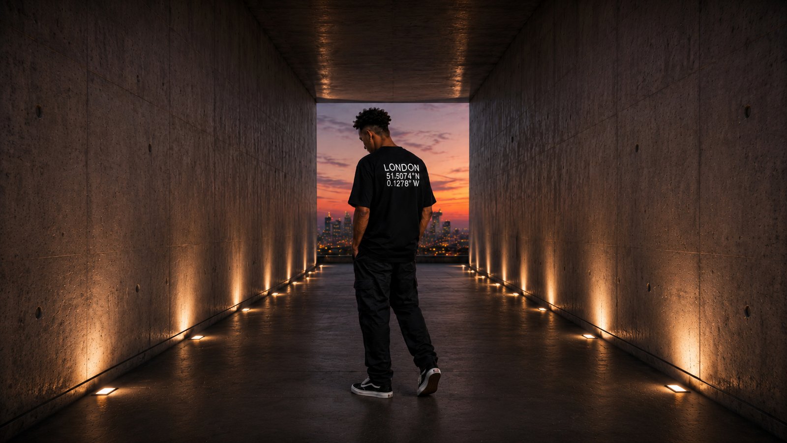 PRESS & MEDIA 3 Model wearing a black London Coordinates oversized t-shirt walking through an illuminated concrete corridor at dusk, showcasing minimalist streetwear inspired by architecture and urban design.
