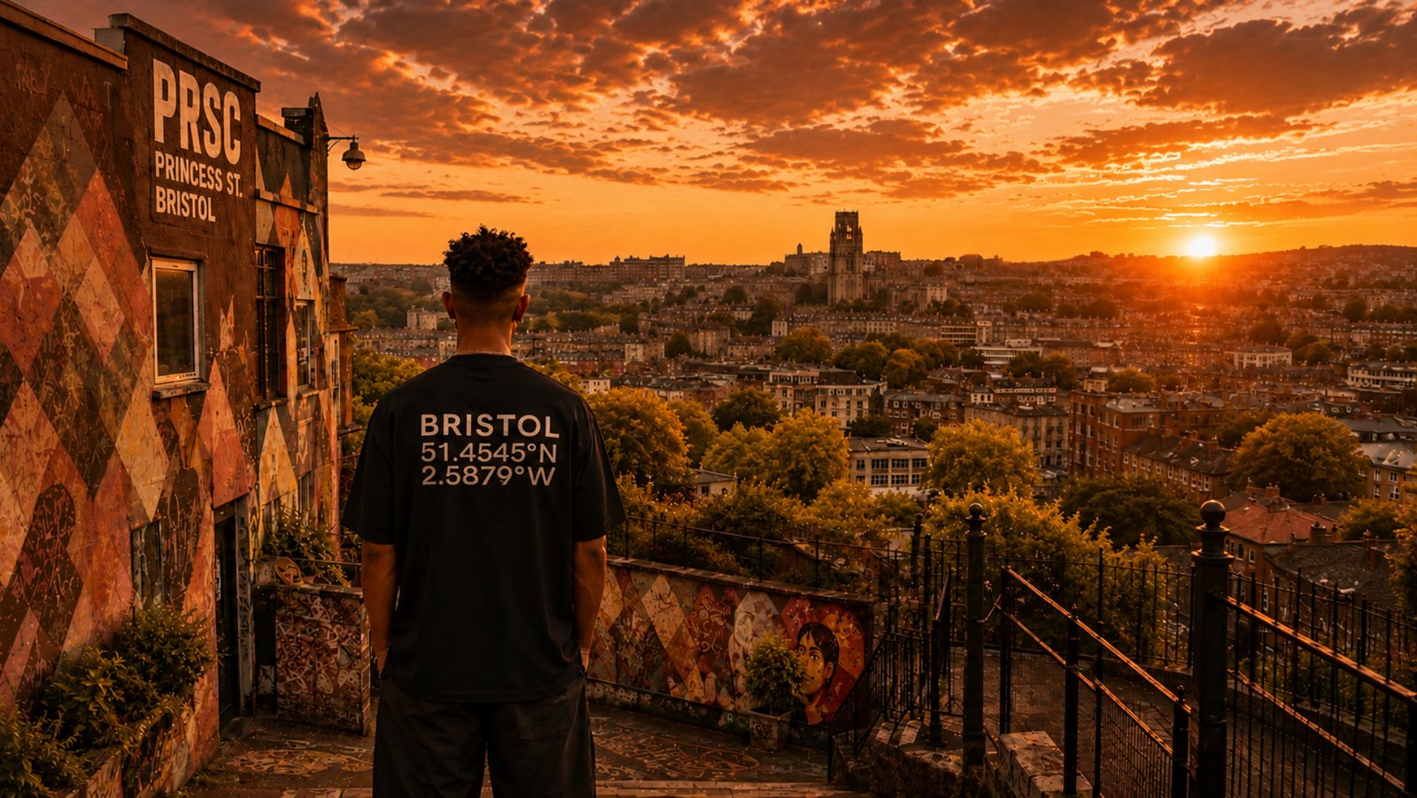 Male model wearing a black Kat Krush Bristol Coordinates T-shirt stands overlooking Bristol at sunset from a graffiti-covered urban viewpoint near Princess Street. The city skyline stretches into the distance under a warm orange sky, blending street culture with city identity.