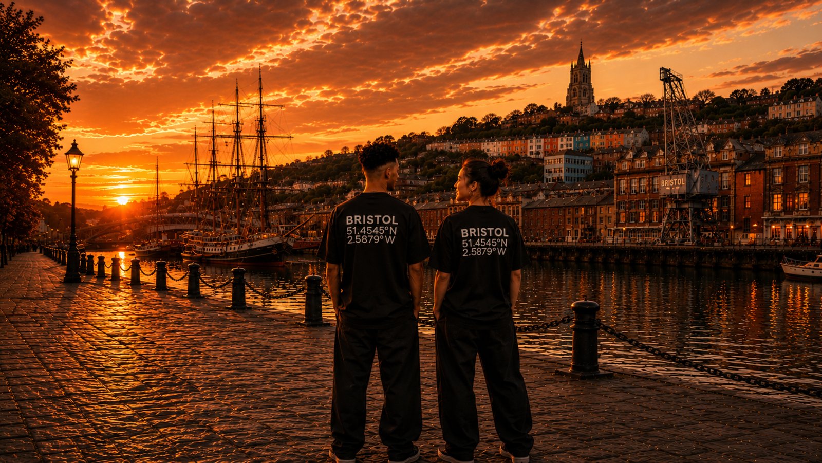 Male and female models wearing matching black Kat Krush Bristol Coordinates T-shirts stand together on Bristol Harbourside at sunset. Historic sailing ships, colourful hillside houses and the harbour crane create a warm editorial backdrop beneath a glowing orange sky.