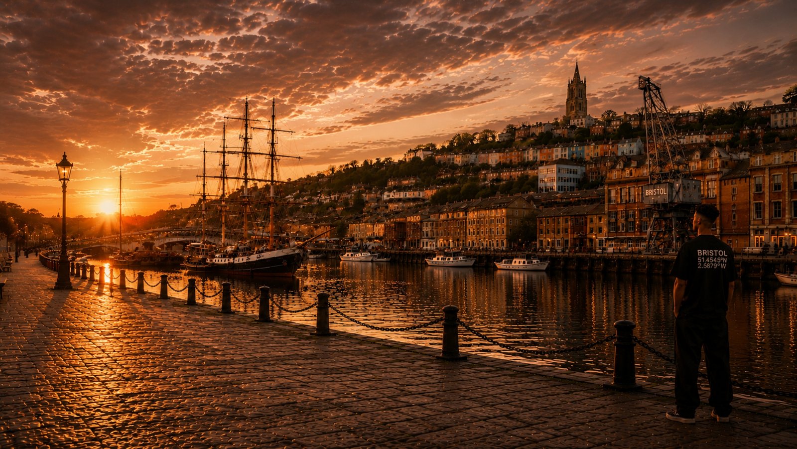 Male model wearing a black Kat Krush Bristol Coordinates T-shirt stands on Bristol Harbourside at sunset, overlooking historic ships, colourful waterfront buildings and the iconic harbour crane. Golden evening light reflects across the water beneath a dramatic orange sky.