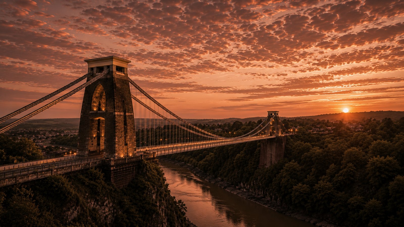 Wide panoramic view of the Clifton Suspension Bridge at warm evening golden hour, spanning the Avon Gorge beneath a muted terracotta sky filled with textured clouds. Soft harbour gold light and rich copper tones illuminate the historic stone towers, suspension cables and calm river below, creating a refined editorial landscape that celebrates Bristol's iconic architecture in the Kat Krush Quiet Confidence aesthetic.
