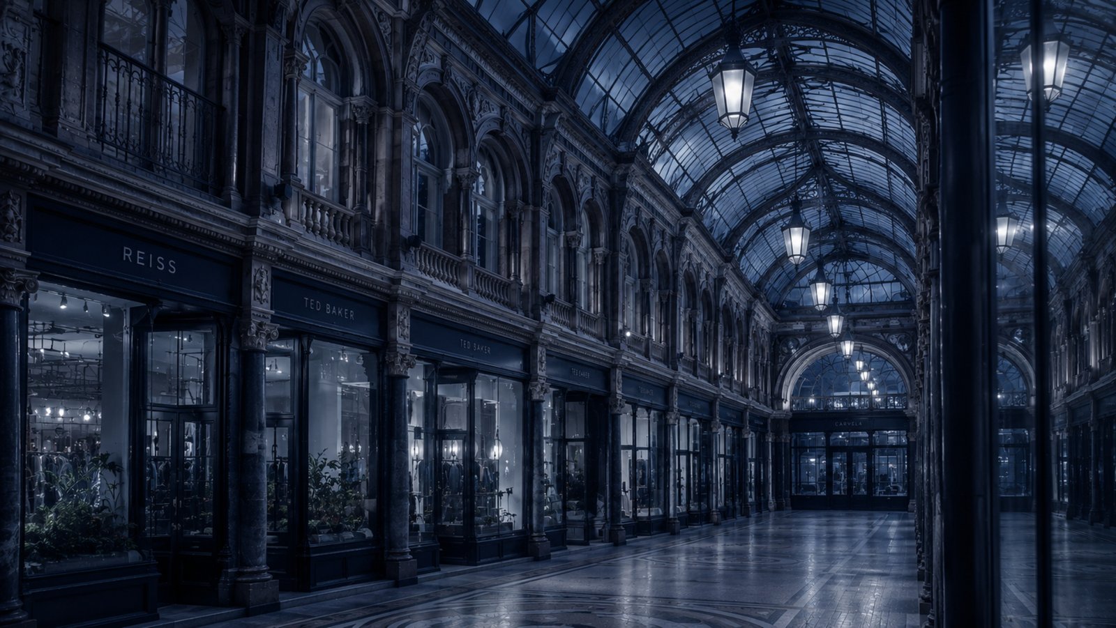 Elegant interior of a historic Leeds shopping arcade illuminated with cool silver-blue lighting, showcasing ornate Victorian architecture and a minimalist luxury atmosphere that reflects the Kat Krush Quiet Confidence aesthetic.