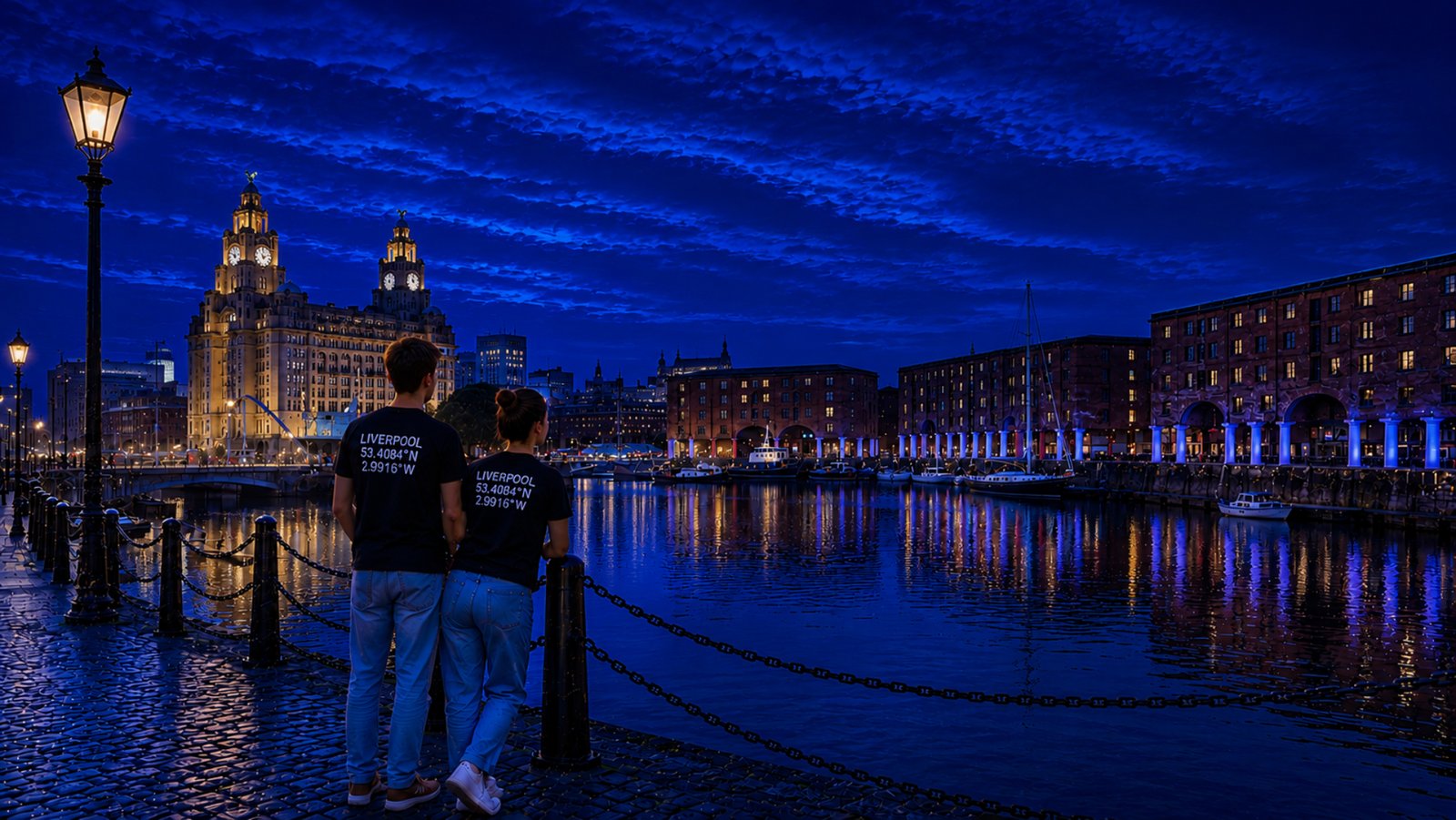 Male and female models stand side by side overlooking Liverpool’s Albert Dock at golden hour, both wearing black Liverpool Coordinates T-shirts with white coordinate prints on the back. The Royal Liver Building, marina and historic dockside warehouses create a warm editorial streetwear backdrop.