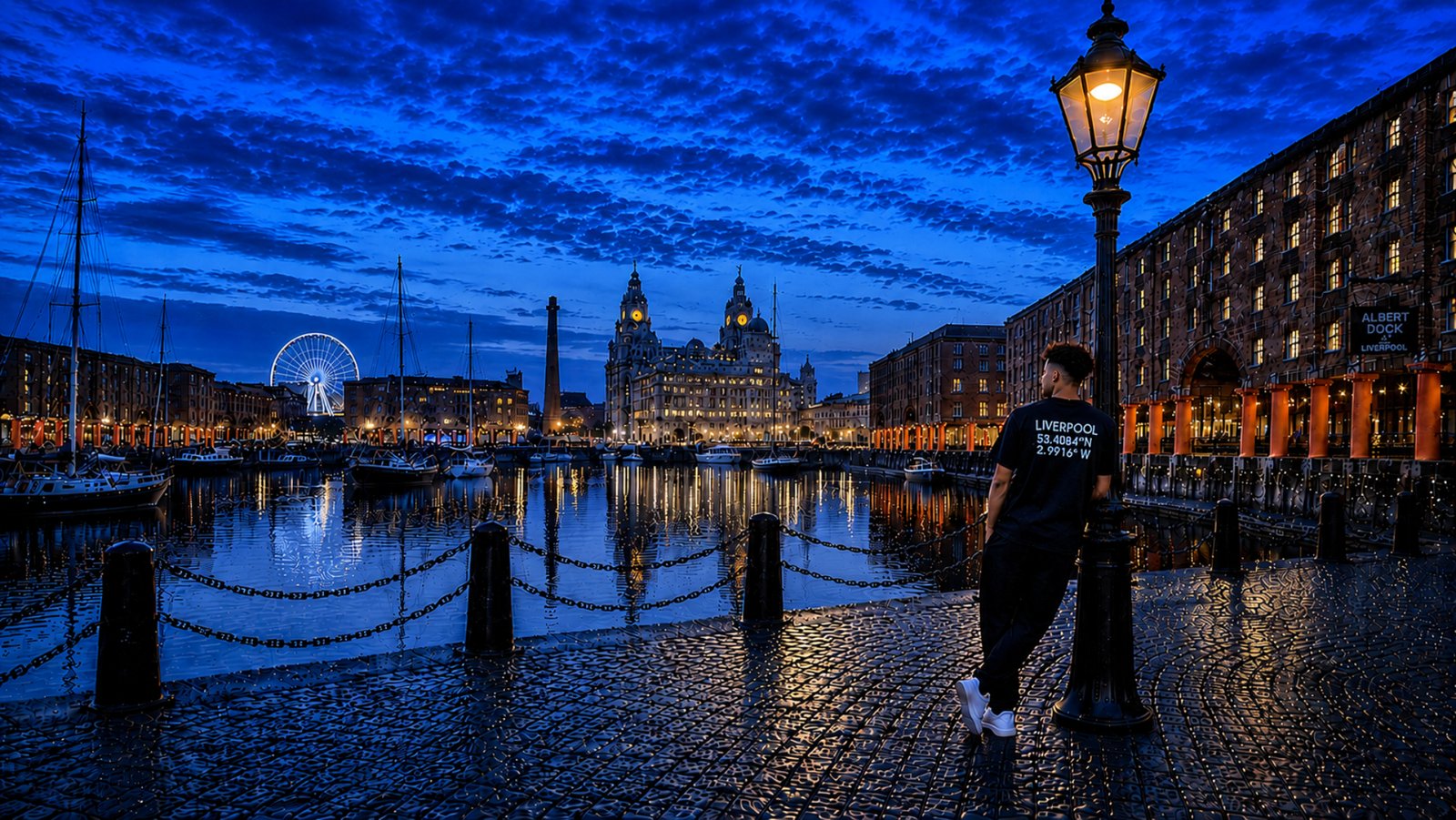 Male model wearing a black Liverpool Coordinates T-shirt leans casually against a historic lamp post at Liverpool’s Albert Dock during a dramatic sunset. The back print displays Liverpool coordinates in white text while the waterfront, boats, Royal Liver Building and glowing orange sky reflect across the calm water.