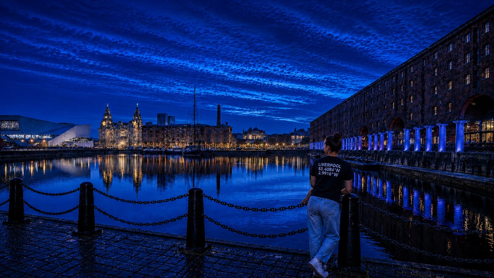 Female model wearing a black Liverpool Coordinates T-shirt stands overlooking the water at Liverpool’s Albert Dock during a vibrant sunset. The white coordinate print is visible on the back as reflections from the orange sky illuminate the marina, waterfront buildings and city skyline.
