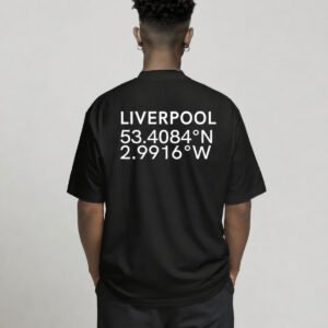 Black oversized Liverpool coordinates T-shirt featuring Liverpool city coordinates printed on the back, styled with a relaxed streetwear silhouette.