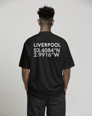 Black oversized Liverpool coordinates T-shirt featuring Liverpool city coordinates printed on the back, styled with a relaxed streetwear silhouette.