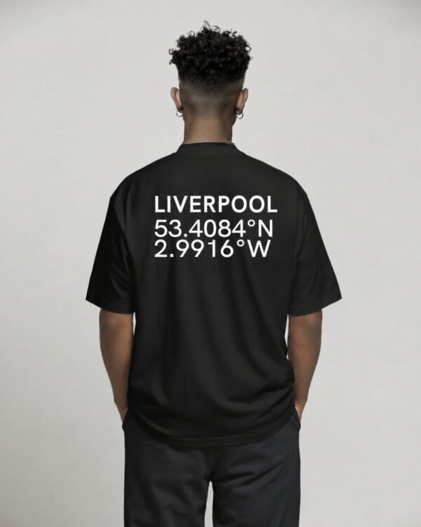 Black oversized Liverpool coordinates T-shirt featuring Liverpool city coordinates printed on the back, styled with a relaxed streetwear silhouette.