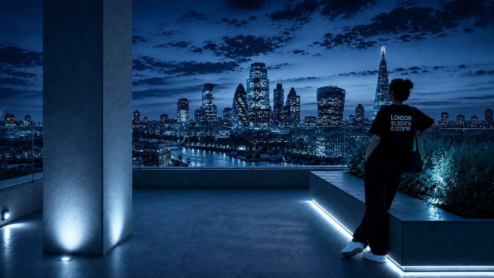 Model wearing Kat Krush London Coordinates t-shirt overlooking the London skyline at sunset, representing minimalist UK streetwear and city identity.
