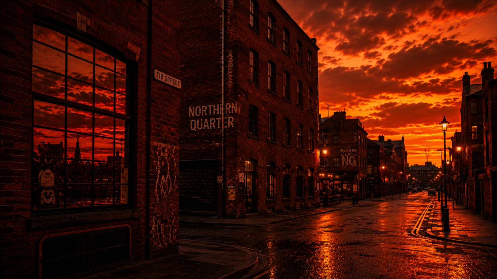 Atmospheric view of Manchester's Northern Quarter at sunset, showcasing historic red brick warehouses, industrial architecture and rain-soaked streets beneath a dramatic amber-orange sky. Warm reflections glow across the wet pavement as vintage street lamps illuminate the empty urban scene, creating a cinematic editorial aesthetic that celebrates Manchester's industrial heritage and Quiet Confidence atmosphere.