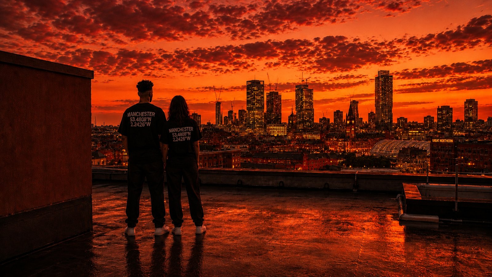 Two people wearing matching black Kat Krush Manchester Coordinates T-shirts stand together on a rooftop overlooking the Manchester skyline at sunset. The back prints display “MANCHESTER” with the coordinates 53.4808°N, 2.2426°W. Reflections on the rooftop surface and warm city lights create a cinematic streetwear scene focused on connection, identity, and urban atmosphere.