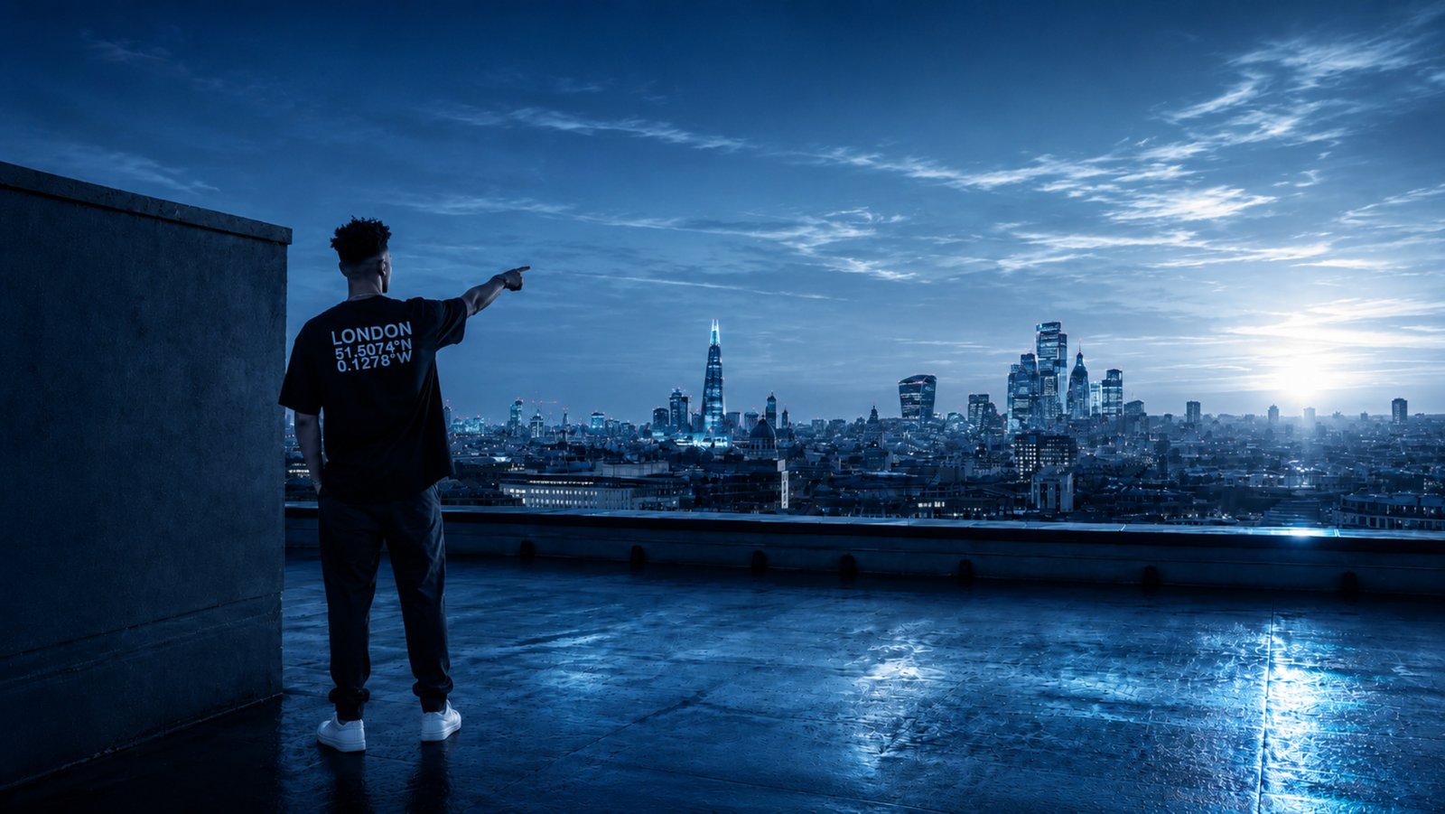 Couple wearing black Kat Krush London Coordinates T-shirts on a rooftop overlooking the London skyline at sunset, featuring London GPS coordinates streetwear design.