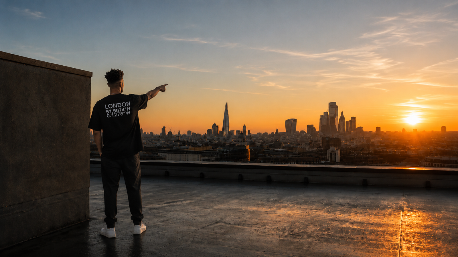 PRESS & MEDIA 1 London Coordinates oversized black streetwear t-shirt featuring the city's latitude and longitude on the back, photographed on a rooftop terrace at sunset overlooking the London skyline