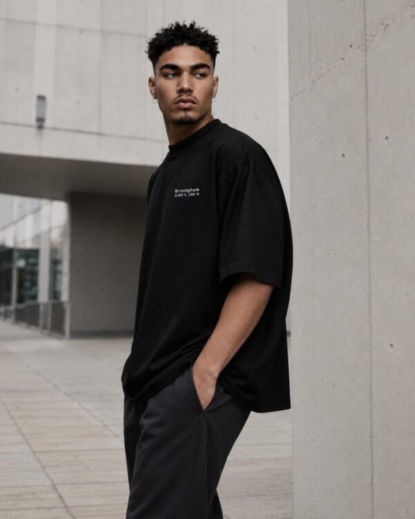Side profile of a male model wearing a black Birmingham Signature oversized heavyweight T-shirt with relaxed fit and subtle white chest coordinates design.