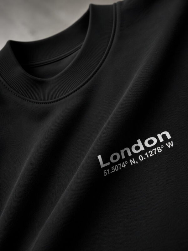 Close-up of London Signature coordinates chest print on black heavyweight oversized T-shirt showing crisp DTG print quality and premium cotton fabric.