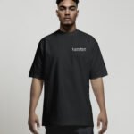 Front view of black oversized London Signature coordinates T-shirt featuring minimalist white chest print, heavyweight organic cotton and relaxed fit.