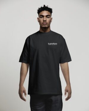 Front view of black oversized London Signature coordinates T-shirt featuring minimalist white chest print, heavyweight organic cotton and relaxed fit.