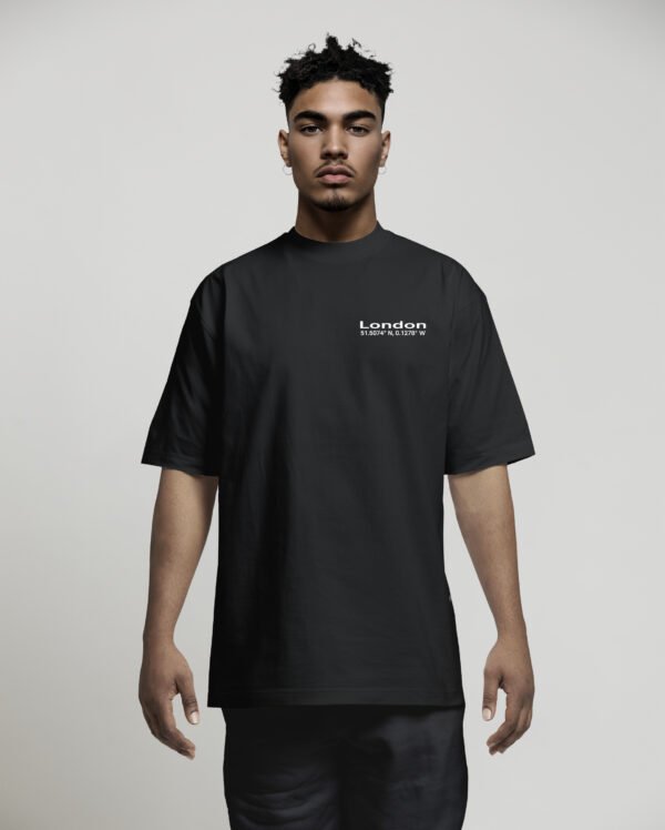 Front view of black oversized London Signature coordinates T-shirt featuring minimalist white chest print, heavyweight organic cotton and relaxed fit.