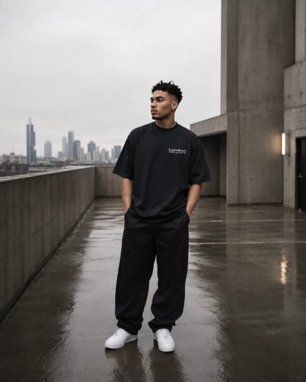 Male model wearing a black London Signature coordinates oversized T-shirt on a modern concrete rooftop with city skyline, minimalist premium streetwear editorial.