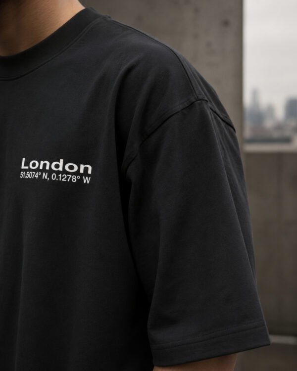 Close-up of shoulder and sleeve on black oversized heavyweight T-shirt showing premium cotton texture, drop shoulder construction and minimalist London chest print.