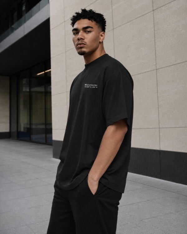 Side profile of a male model wearing a black Manchester Signature oversized heavyweight T-shirt with relaxed fit and subtle white chest coordinates design.