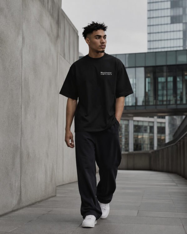 Male model walking through contemporary Manchester-inspired architecture wearing a black Manchester Signature oversized heavyweight T-shirt with minimalist white chest print.