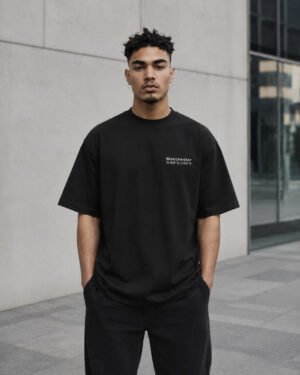 Model wearing a black Manchester Signature oversized heavyweight T-shirt with a subtle white left-chest Signature design.